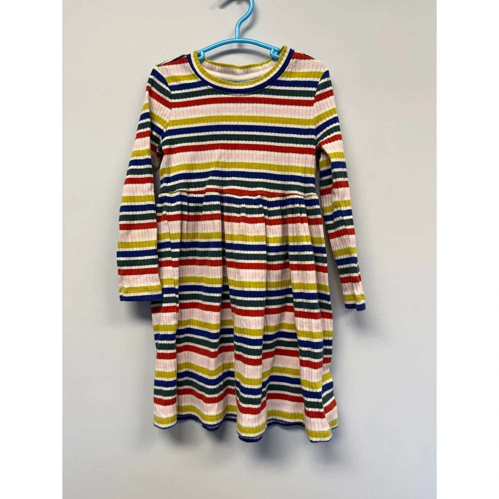 Hanna Andersson Kids Girls Multi Color Striped Rib Knit Long Sleeve Dress Size 4
